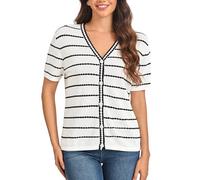 VETLURY Women's Blouse Summer Short Sleeve Knit Cardigans UK - Silk Cotton Lightweight Sweater Striped Button Down V Neck Tops for Spring