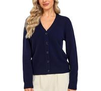 VETLURY Women's Cardigan - 100% Merino Wool Sweaters V Neck Chunky Cozy Open Front Knitted Jacket with Pearl Shell Buttons Ladies Solid Tops Navy Blue