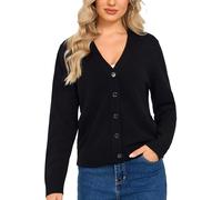VETLURY Women's Cardigan - 100% Merino Wool Sweaters V Neck Chunky Cozy Open Front Knitted Jacket with Pearl Shell Buttons Ladies Solid Tops Black