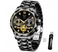 Vetra Watches for Men Luxury Diamond Dress Multifunction Watch Black Face Moon Phase Black Stainless Steel Band Luminous Waterproof Wrist Watch Gift for Men Relojes De Hombre