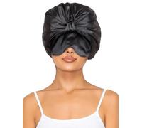 Vettres Double Layer Satin Bonnet with Eye Mask Adjustable Silk Sleep Cap Turban Style Hair Wrap for Curly Hair Black