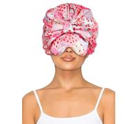 Vettres Double Layer Satin Bonnet with Eye Mask Adjustable Silk Sleep Cap Turban Style Hair Wrap for Curly Hair Pink Strawberry