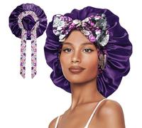 Vettres Double Layer Satin Bonnet with Tie Satin Lined Sleep Cap Hair Cover for Women's Curly Natural Hair, Purple Flower, L