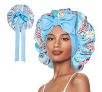Vettres Double Layer Satin Bonnet with Tie Satin Lined Sleep Cap Hair Cover for Women's Curly Natural Hair, Strawberries Blue Plaid, L