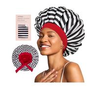 Vettres Floral Satin Bonnet For Sleeping Women Double Layer Pleated Design Adjustable Shower Cap For Curly Hair Black White Stripes