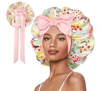 Vettres Hair Bonnet for Sleeping Satin Lined Sleep Cap Double Layer Silk Head Wrap for Curly Natural Hair Strawberry Patchwork