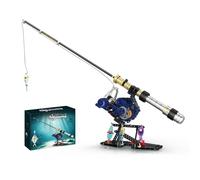 Vetxo STEM Toy Building Block Spinning Reel Fishing Rod Set | 451-piece mechanical model featuring smooth folding crank, rotary bail arm, 4 simulation lures & desktop display stand
