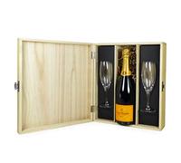 Veuve Clicquot Brut Champagne 75cl with 2 x Champagne Flutes Presented in a Wooden Presentation Box - Ideas for Birthday, Anniversary, Christmas, Business and Corporate
