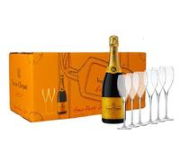 Veuve Clicquot Brut Champagne Plus Six Champagne Flutes Party Pack NV 75 cl (Case of 6)