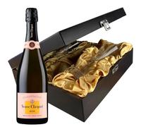 Veuve Clicquot Rose Champagne and Flutes in Wooden Hinged Presentation Box