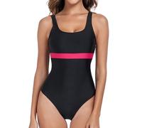 Vevarble Swimming Costume Women Sporty U Back One Piece Swimsuit Athletic Shaping Swimwear Bathing Suits Black/Rose,M
