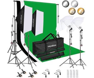 Vevelux Photo Studio Lighting Kit with 2.6X3 M/8.5X10 FT Adjustable Backdrop Stand, 4X45W Dimmable LED Light, 3000-5500K Umbrellas Softbox Kits, 3 Color Backdrop for Portrait, Video Shoot Photography