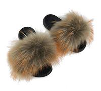 VEVESMUNDO Faux Fur Sliders Slippers Anti Slip Open Toe Fluffy Flat Sandals Shoes for Women Ladies UK 4-12 (Brown with Orange Top, Numeric_5_Point_5)