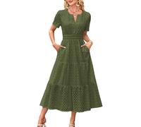 VEVESMUNDO Ladies Summer A-Line Maxi Dress Cotton V Neck Casual Long Dress Short Sleeve Dresses with Pockets (Army Green,M)