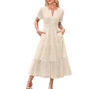 VEVESMUNDO Ladies Summer A-Line Maxi Dress Cotton V Neck Casual Long Dress Short Sleeve Dresses with Pockets (Beige,XL)