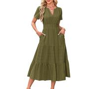 VEVESMUNDO Ladies Summer Cotton Maxi Dress V Neck Casual Short Sleeve A-Line Long Dresses with Pockets (Army Green,XXL)