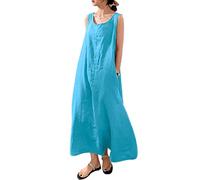VEVESMUNDO Women Summer Maxi Dresses Cotton Sleeveless Loose Fitting Ladies Long Dress with Pockets UK Size 10 12 14 16 18 20 22 24 (Blue, XL)