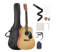 VEVOR 1041mm 6 String Round Acoustic Guitar with Natural Solid Spruce Top, Case, Tuner, Strap, Strings, Picks, Capo and Rosewood Fingerboard for Adult Musicians