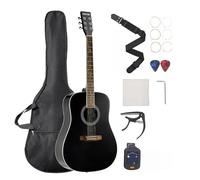 VEVOR 1041mm 6 String Round Acoustic Guitar with Solid Black Spruce Top, Case, Tuner, Strap, Steel Strings, Picks, Capo and Rosewood Fingerboard for Musicians