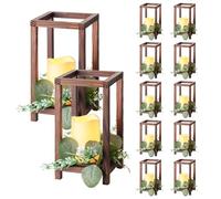 VEVOR 12 Set/36 Pcs Wooden Wedding Lantern Centerpiece, Includes 12 Wooden Lantern Candle Holder 12 Flameless LED Candle 12 Eucalyptus Leaves Wreath for Wedding Table Party Farmhouse Decor, Brown