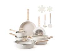 VEVOR 17 Piece Pots and Pans Set, Granite Nonstick Cookware Set, Induction Cookwares, Kitchen RV Cooking Sets with Frying, Sauce, Saute, Tempered Glass Lids, and Pan Protectors, White
