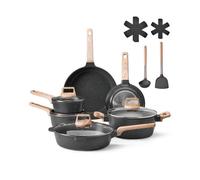 VEVOR 17 Piece Pots and Pans Set Nonstick, Granite Cookware Set, Induction Cookwares, Kitchen RV Cooking Sets with Frying, Sauce, Saute, Tempered Glass Lids, and Pan Protectors, Black