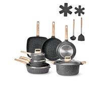 VEVOR 19 Piece Pots and Pans Set, Granite Nonstick Cookware Set, Induction Cookwares, Kitchen RV Cooking Sets with Frying, Sauce, Saute, Tempered Glass Lids, and Pan Protectors, Black