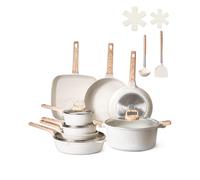 VEVOR 19 Piece Pots and Pans Set Nonstick, Granite Cookware Set, Induction Cookwares, Kitchen RV Cooking Sets with Frying, Sauce, Saute, Tempered Glass Lids, and Pan Protectors, White