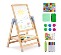 VEVOR Art Easel for Kids, 2-in-1 Wooden Double-Sided Kid's Art Easel with Magnetic Whiteboard & Chalkboard, Adjustable Standing Rotatable Foldable Drawing Board with Painting Accessories for Boy Girl