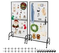 VEVOR 2 Packs Grid Wall Panels, 898 x 1798 mm Wire Grid Panels Display Rack, Movable Art Display Shelf with Wheels & 10 Hooks, Black Carbon Steel Grid