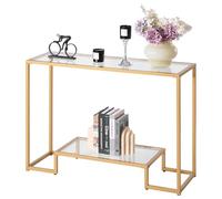 VEVOR 2-Tier Glass Console Table, Modern Rectangle Sofa Side Table with Tempered Glass Top and Iron Legs, Golden Consloe Desk with Anti-Tip Device for Living Room, Hallway, Entryway, Foyer, Golden