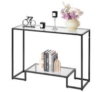 VEVOR 2-Tier Glass Console Table, Modern Rectangle Sofa Side Table with Tempered Glass Top and Iron Legs, Golden Consloe Desk with Anti-Tip Device for Living Room, Hallway, Entryway, Foyer, Black