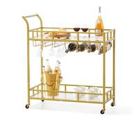 VEVOR 2 Tiers Gold Metal Bar Serving Cart with Wine Rack Glass Holder 120 LBS