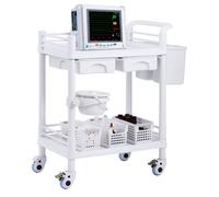 VEVOR 2 Tiers Utility Trays, 2 Drawers & 4 Silent Wheels, Mobile Medical PP Material, Rolling Cart with 3 Trash Cans for Lab, Clinic, Hospital, Salon, White, 27.6 x 17.2 x 35.4 in