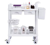 VEVOR 2 Tiers Lab Carts, Lab Utility Cart with 2 Trays, 2 Drawers & 4 Silent Wheels, Mobile Medical Cart with PP Material, Lab Rolling Cart with 3 Trash Cans for Lab, Clinic, Hospital, Salon, White