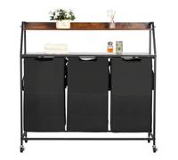 VEVOR 2 Tiers Laundry Sorter, Tall Laundry Hamper with Metal Frame and Wooden Tabletop, 3 Section Rolling Basket Organizer Storage with Ladder Shelves