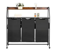 VEVOR 2 Tiers Laundry Sorter, Tall Laundry Hamper with Metal Frame and Wooden Tabletop, 3 Section Rolling Basket Organizer Storage with Ladder Shelves and 600D Oxford Cloth Bags for Dirty Clothes