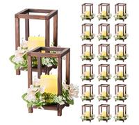 VEVOR 20 Set/60 Pcs Wooden Wedding Lantern Centerpiece, Includes 20 Wooden Lantern Candle Holder 20 Flameless LED Candle 20 Champagne Flower Wreath for Wedding Table Party Farmhouse Decor, Brown