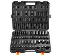 VEVOR 3/8" & 1/2" Drive Impact Socket Set, 59PCS Socket Set SAE 5/16" to 1-1/4" and Metric 6-32mm, 6 Point Cr-Mo Alloy Steel for Auto Repair, Easy-to-