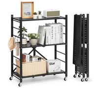 VEVOR 3-Tier Foldable Storage Shelf, 28W x 13D x 36H Inch Folding Metal Rack Shelving Unit, No Assembly Organizer Shelf with 5 Wheels & 4 Hooks for Pantry, Kitchen, Garage, Basement, Black