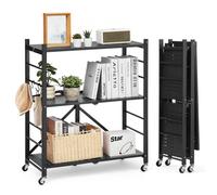 VEVOR 3-Tier Foldable Storage Shelf, 30W x 13D x 36H Inch Folding Metal Rack Shelving Unit, No Assembly Organizer Shelf with 5 Wheels & 4 Hooks for Pantry, Kitchen, Garage, Basement, Black