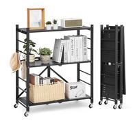 VEVOR 3-Tier Foldable Storage Shelf, 30W x 13D x 36H Inch Folding Metal Rack Shelving Unit, No Assembly Organizer Shelf with 5 Wheels & 4 Hooks for Pantry, Kitchen, Garage, Basement, Black