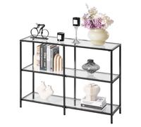 VEVOR 3-Tier Glass Console Table, Modern Rectangle Sofa Side Table with Tempered Glass Top and Iron Legs, Golden Consloe Desk with Anti-Tip Device for Living Room, Hallway, Entryway, Foyer, Black