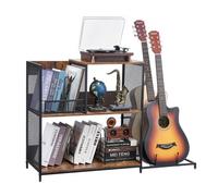 VEVOR 3-Tier Record Player Stand with Guitar Holder, Turntable Stand with Storage Holds Up to 300 Albums, Vinyl Record Cabinet with Metal Mesh Frame for Living Room, Bedroom, Black