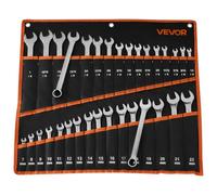 VEVOR 32 Piece SAE & Metric 12 Point Combination Spanner Set & 15 Degree Open End Combination Spanner Set with Roll Up Pouch Carbon Steel for General Household and General Repairs