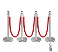 VEVOR 4 Pack Retractable Silver Round Top Stanchion Post Queue Crowd Control Barrier Posts Line Pole with 1.5M Red 2 Velvet Rope