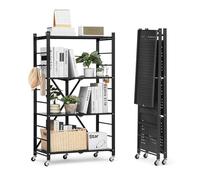 VEVOR 4-Tier Foldable Storage Shelf, 26W x 13D x 46H Inch Folding Metal Rack Shelving Unit, No Assembly Organizer Shelf with 5 Wheels & 4 Hooks for Pantry, Kitchen, Garage, Basement, Black