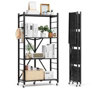 VEVOR 4-Tier Foldable Storage Shelf, 28W x 13D x 54H Inch Folding Metal Rack Shelving Unit, No Assembly Organizer Shelf with 5 Wheels & 4 Hooks for Pantry, Kitchen, Garage, Basement, Black