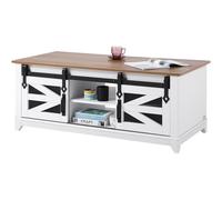VEVOR 48" Farmhouse Coffee Table, Rectangle Coffee Table with 2 Sliding Barn Doors, 2 Tiers Wooden Rustic Table with Removable Shelves for Living Room, Bedroom, Apartment, or Studio, White & Natural