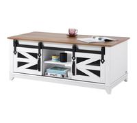 VEVOR 48" Farmhouse Coffee Table, Rectangle Coffee Table with 2 Sliding Barn Doors, 2 Tiers Wooden Rustic Table with Removable Shelves for Living Room, Bedroom, Apartment, or Studio, White & Natural